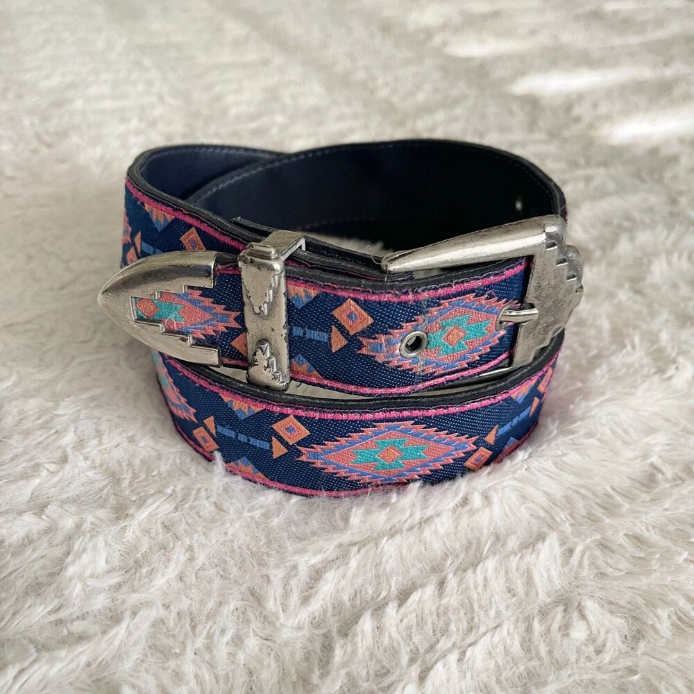 Vintage Nuovo Blue Pink Western Belt Southwestern Boho Silver Buckle 27.5 - 31.5